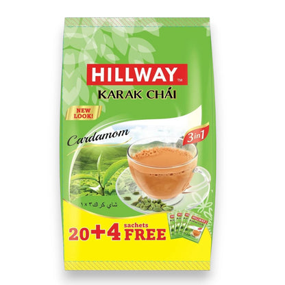 Hillway 3 in 1 Karak Chai Cardamom Instant Tea Sachets – Strong Karak Tea Mix with Milk and Sugar, 20 + 4 Free Sachets Value Pack - Damoo