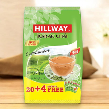 Hillway 3 in 1 Karak Chai Cardamom Instant Tea Sachets – Strong Karak Tea Mix with Milk and Sugar, 20 + 4 Free Sachets Value Pack - Damoo