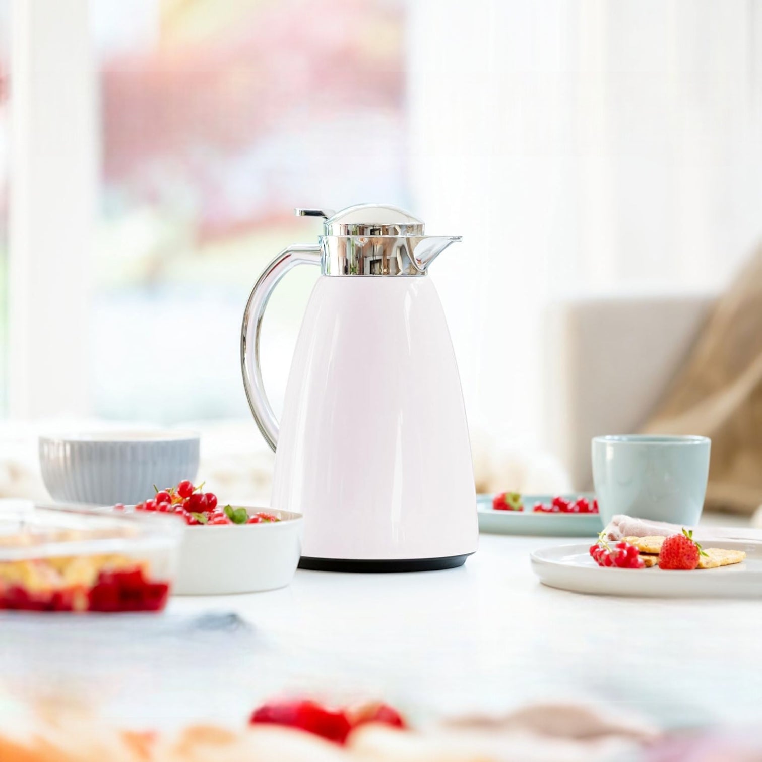 Emsa Campo Thermal Jug 1.0L – Pastel Rose Plastic ABS Vacuum Flask with Glass Liner, 100% Leak-Proof, One-Hand Quick-Tip Operation & Timeless German Design - Damoo