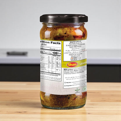 Shan Lemon Pickle 320g – Authentic Hot & Spicy Lemon Achar in Sunflower Oil | Tangy Indian-Style Pickle with Mixed Spices | Vegetarian, Halal Certified, No Artificial Flavors | Glass Jar Pack - Damoo