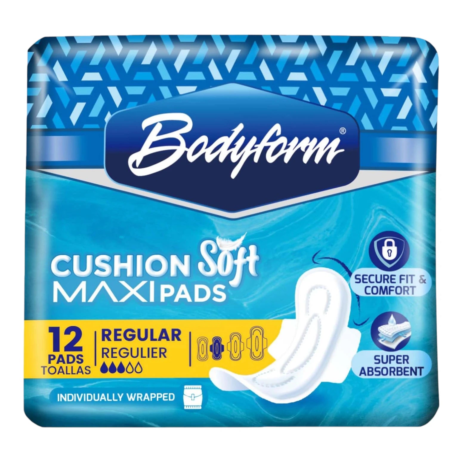 Bodyform Cushion Soft Maxi Pads with Wings – 12 Count | Regular Size | Ultra-Absorbent, Leak-Proof & Individually Wrapped Sanitary Napkins - Damoo