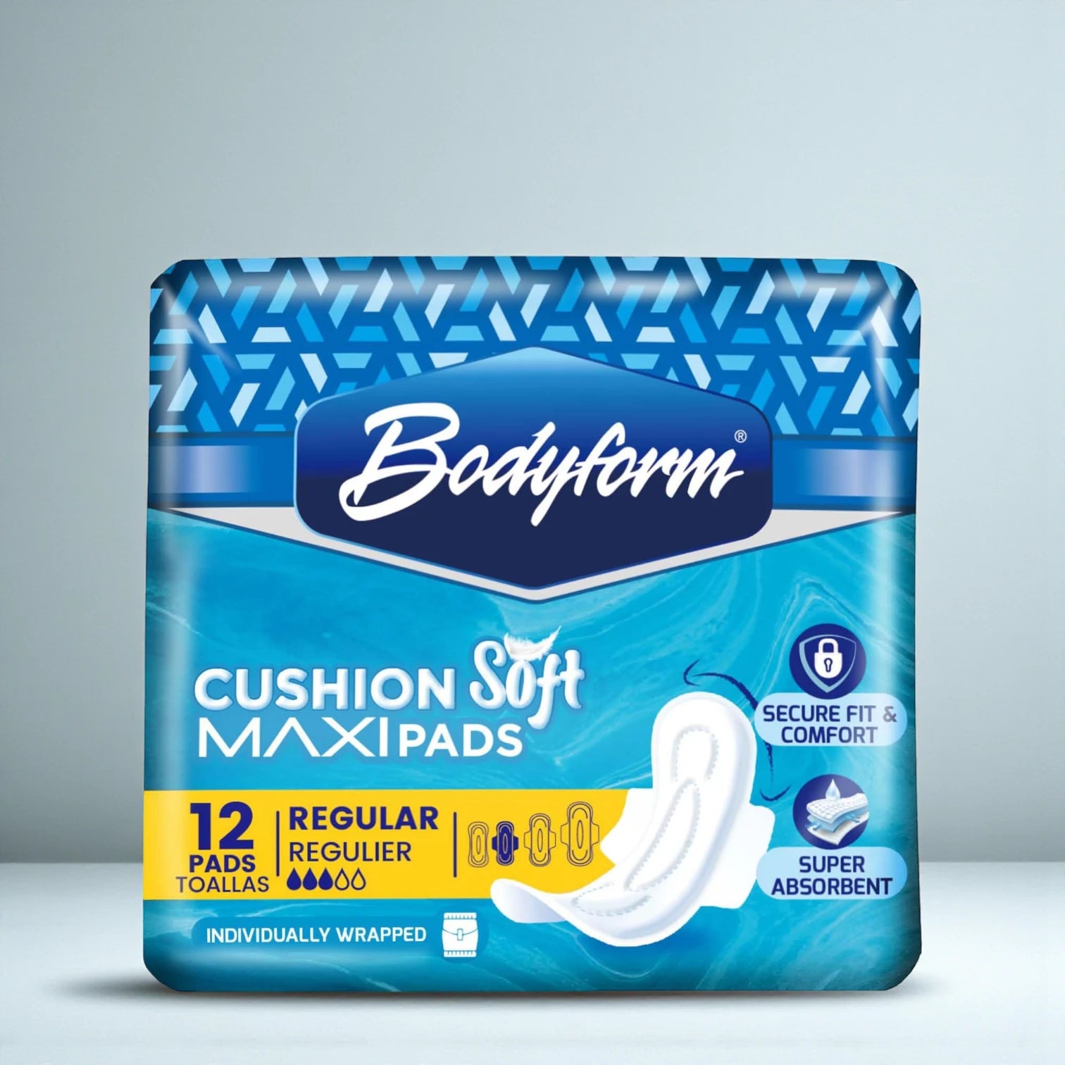 Bodyform Cushion Soft Maxi Pads with Wings – 12 Count | Regular Size | Ultra-Absorbent, Leak-Proof & Individually Wrapped Sanitary Napkins - Damoo