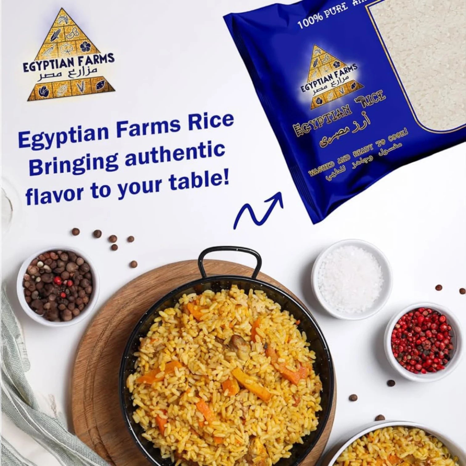 Egyptian Farms Rice – 2 Packs x 1kg | Pure Egyptian Rice, Double Washed & Ready to Cook, No Artificial Additives - Damoo