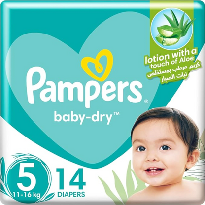 Pampers Baby-Dry Taped Diapers with Aloe Vera Lotion – Size 5 (11–16kg) – 14 Count | 12-Hour Leakage Protection, Double Leak Guards, Rash-Free Comfort | German Technology - Damoo