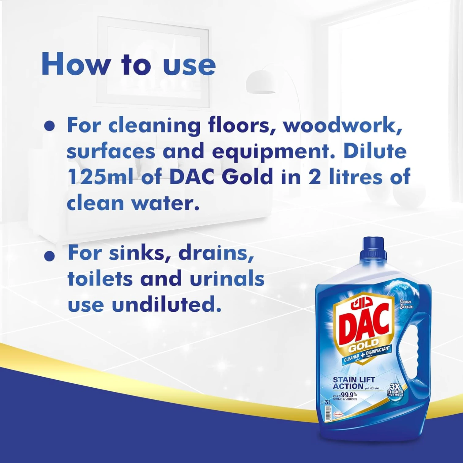 DAC Gold Disinfectant Multi-Purpose Cleaner Ocean Breeze – 3L + 1L Offer Pack, Kills 99.9% of Germs & Bacteria, Long-Lasting Cleanliness and Fresh Freshness - Damoo