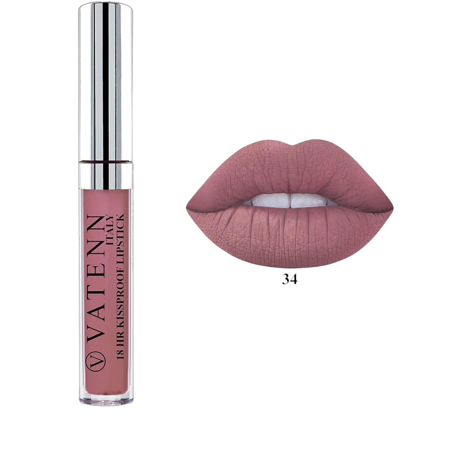 Vatenn Italy 18 Hr Kissproof Liquid Lipstick – Shade 34 Chiaiano Nude, Waterproof High-Pigment Matte Finish, Long-Lasting Full-Coverage Lip Color - Damoo