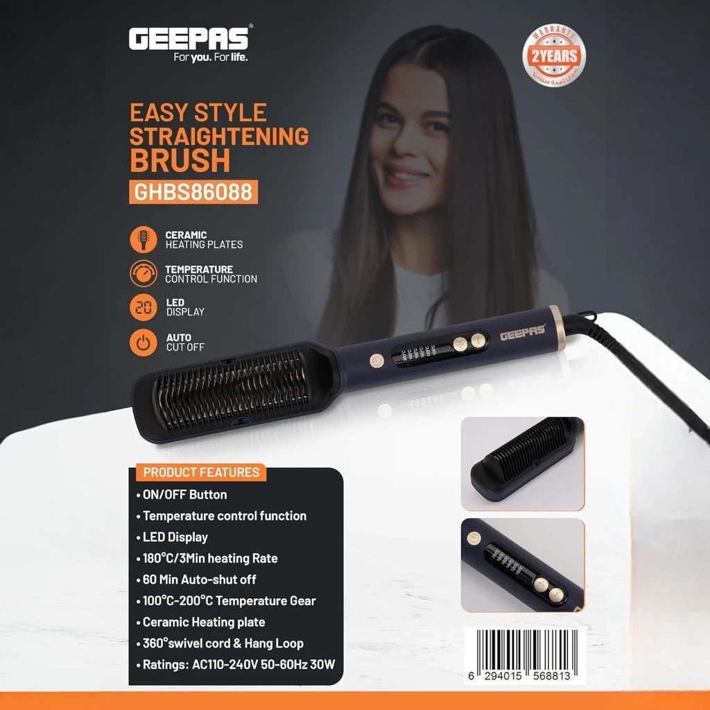 Geepas Ceramic Hair Straightening Brush – 30W, Digital Temperature Control, Fast Heating up to 200°C, Fine Bristles, Anti-Scald Protection, 360° Swivel Cord – Ideal for All Hair Types, Black - GHBS86088 - Damoo