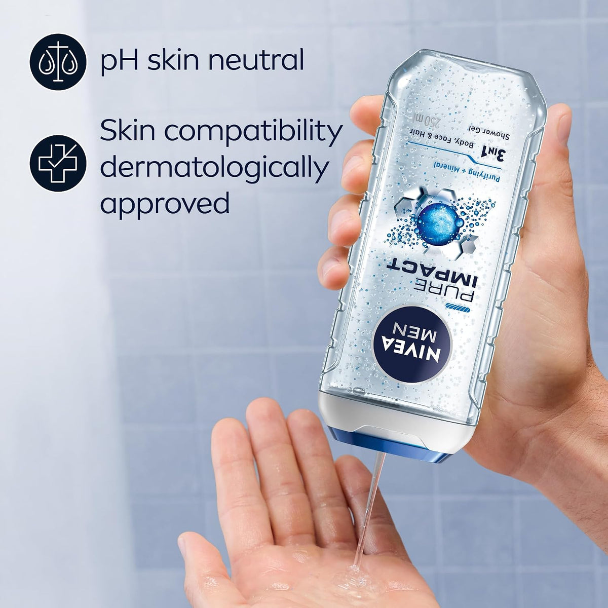 NIVEA 3 in 1 Shower Gel 250 ml, Body, Hair and face Wash  – Purifying Particles | pH Skin Neutral | Dermatologically Approved Shower Cleanser - for All Skin Types