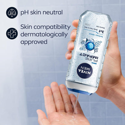 NIVEA 3 in 1 Shower Gel 250 ml, Body, Hair and face Wash  – Purifying Particles | pH Skin Neutral | Dermatologically Approved Shower Cleanser - for All Skin Types