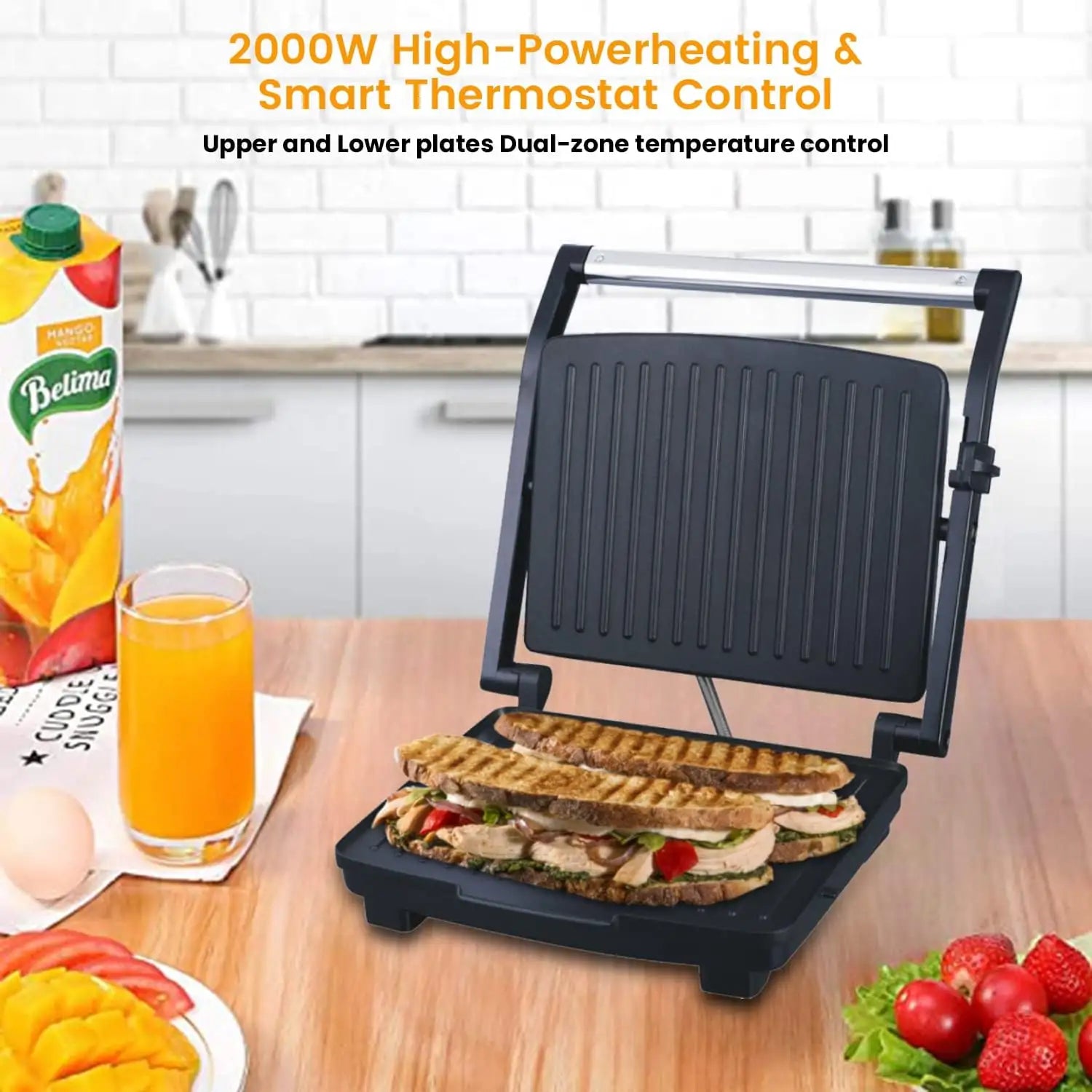 Sonashi 4 Slice Contact Grill Maker – 2000W Electric Grill with Adjustable Temperature, Non-Stick Plates, Drip Tray, Cool-Touch Handle & Stainless Steel Top Cover – Ideal for Sandwiches, Paninis, Meats & More SGT-854 - Damoo