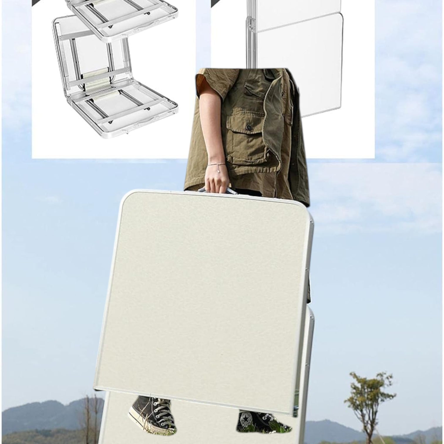 Folding Table with 2 Stools – Portable Camping Dining Table Set with Adjustable Height, Carry Handle & Foldable Design – Lightweight Picnic, BBQ, Indoor & Outdoor Multi-Purpose Table (90x60cm)