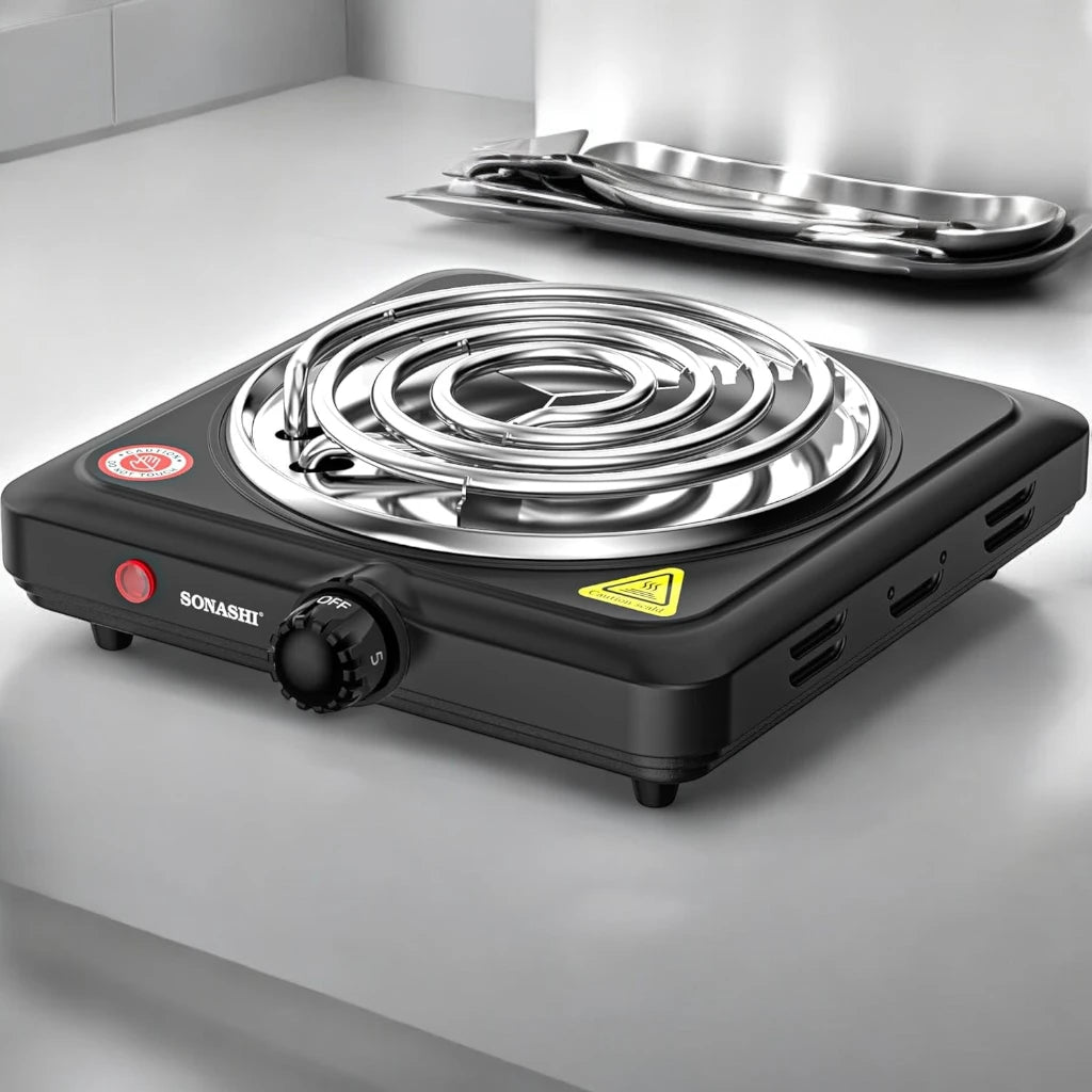 Sonashi Single Spiral Hot Plate – 1500W Portable Electric Cooker with 150mm Plate Diameter, Adjustable Temperature Control, Auto Thermostat, Non-Slip Feet, Indicator Light – Ideal for Home, Office, Dorm, Camping, Black - SHP-609CN - Damoo