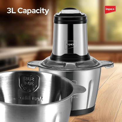 Impex FC 3206 Electric Food Chopper 3L | 400W Multi-Purpose Chopper with 6 Stainless Steel Blades | 3-Speed Adjustable Meat Grinder & Food Processor | Durable SUS 304 Steel Bowl