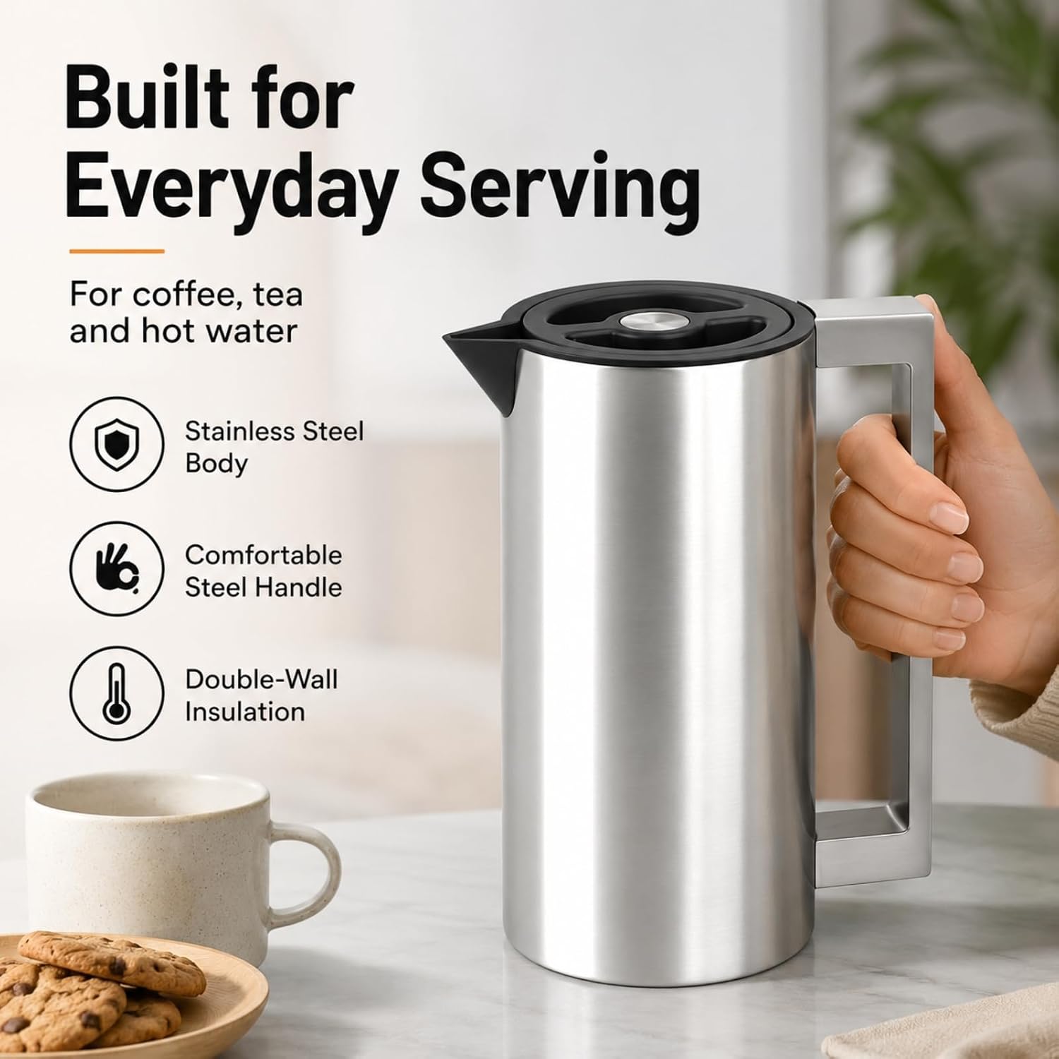 Black stone vacuum flask – 1 Liter | Lock-Unlock Lid & Steel Handle | Leakproof, Double-Walled Thermal Bottle for Hot & Cold Drinks