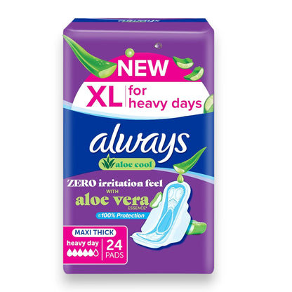 Always Aloe Cool Maxi Thick Sanitary Pads XL 24 Count – Heavy Flow Protection, Cooling Freshness & Extra Absorbency - Damoo