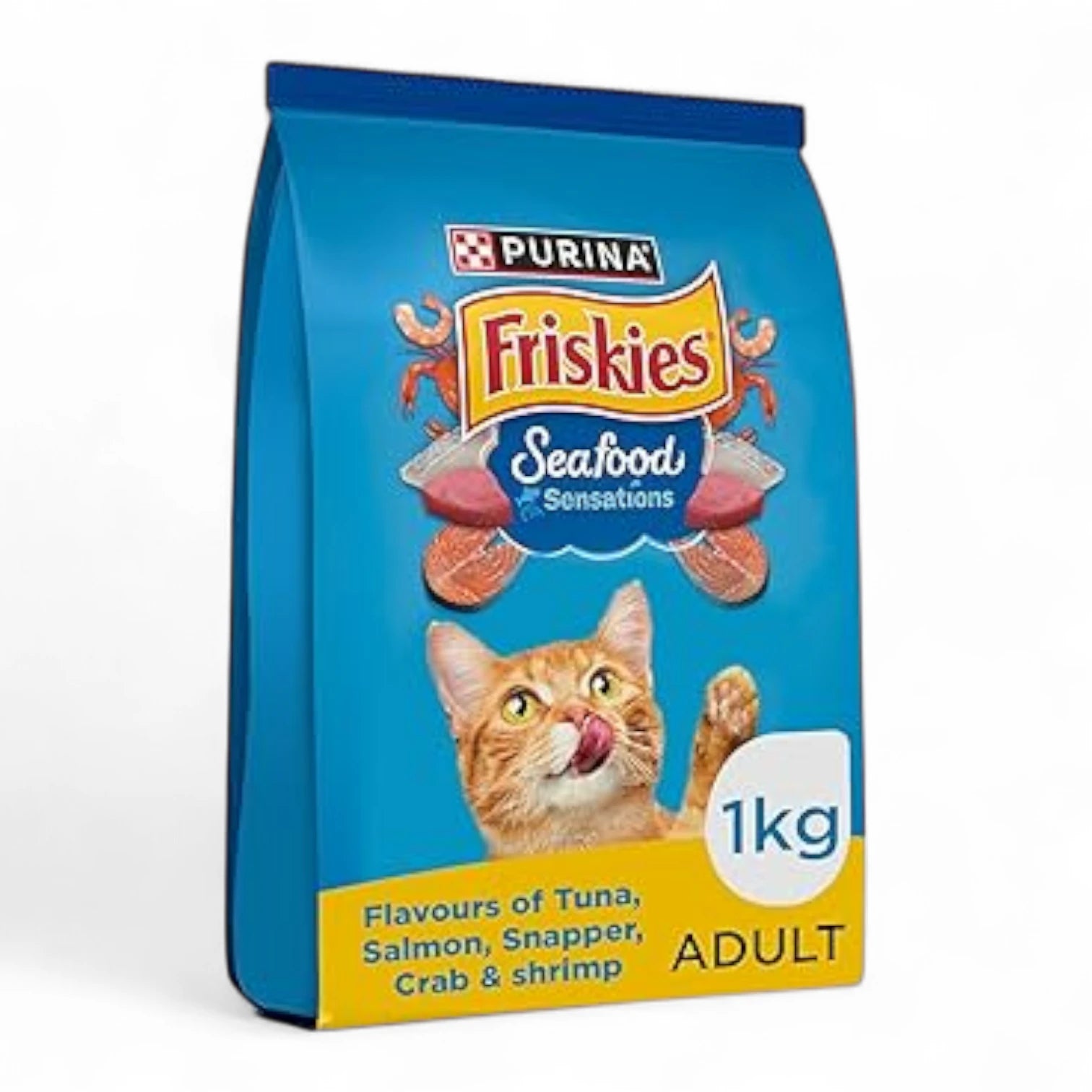 FRISKIES Seafood Sensations Adult Cat Dry Food – Tuna, Salmon, Whitefish, Crab & Shrimp Flavours | 1kg Packet | No Artificial Colours or Preservatives - Damoo