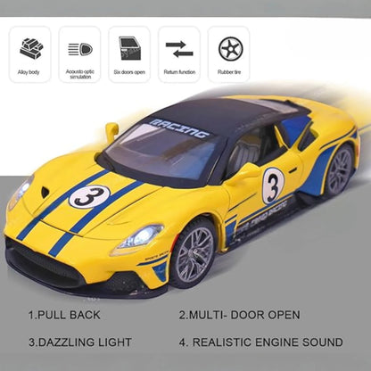 HCF 1:22 Scale Metal Diecast Pull Back Car with Spray, Music & Light – Yellow Sports Racing Car with Openable Doors, Hood, Engine Sound & LED Lights