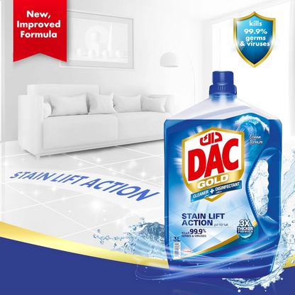 DAC Gold Disinfectant Multi-Purpose Cleaner Ocean Breeze – 3L + 1L Offer Pack, Kills 99.9% of Germs & Bacteria, Long-Lasting Cleanliness and Fresh Freshness - Damoo