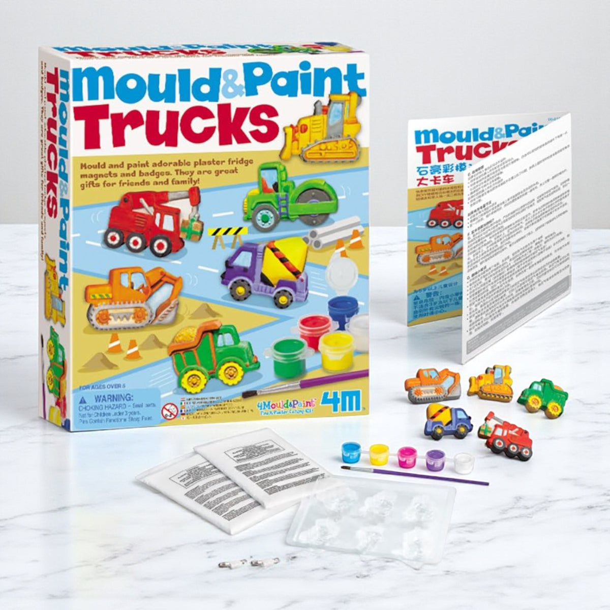 Trucks Mould and Paint Crafts Kit | DIY Plaster Casting Set with Paints, Magnets & Pins | Make 12 Custom Truck Badges or Fridge Magnets | Creative Arts & Crafts Kit for Kids Ages 5+ - Damoo