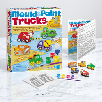 Trucks Mould and Paint Crafts Kit | DIY Plaster Casting Set with Paints, Magnets & Pins | Make 12 Custom Truck Badges or Fridge Magnets | Creative Arts & Crafts Kit for Kids Ages 5+ - Damoo