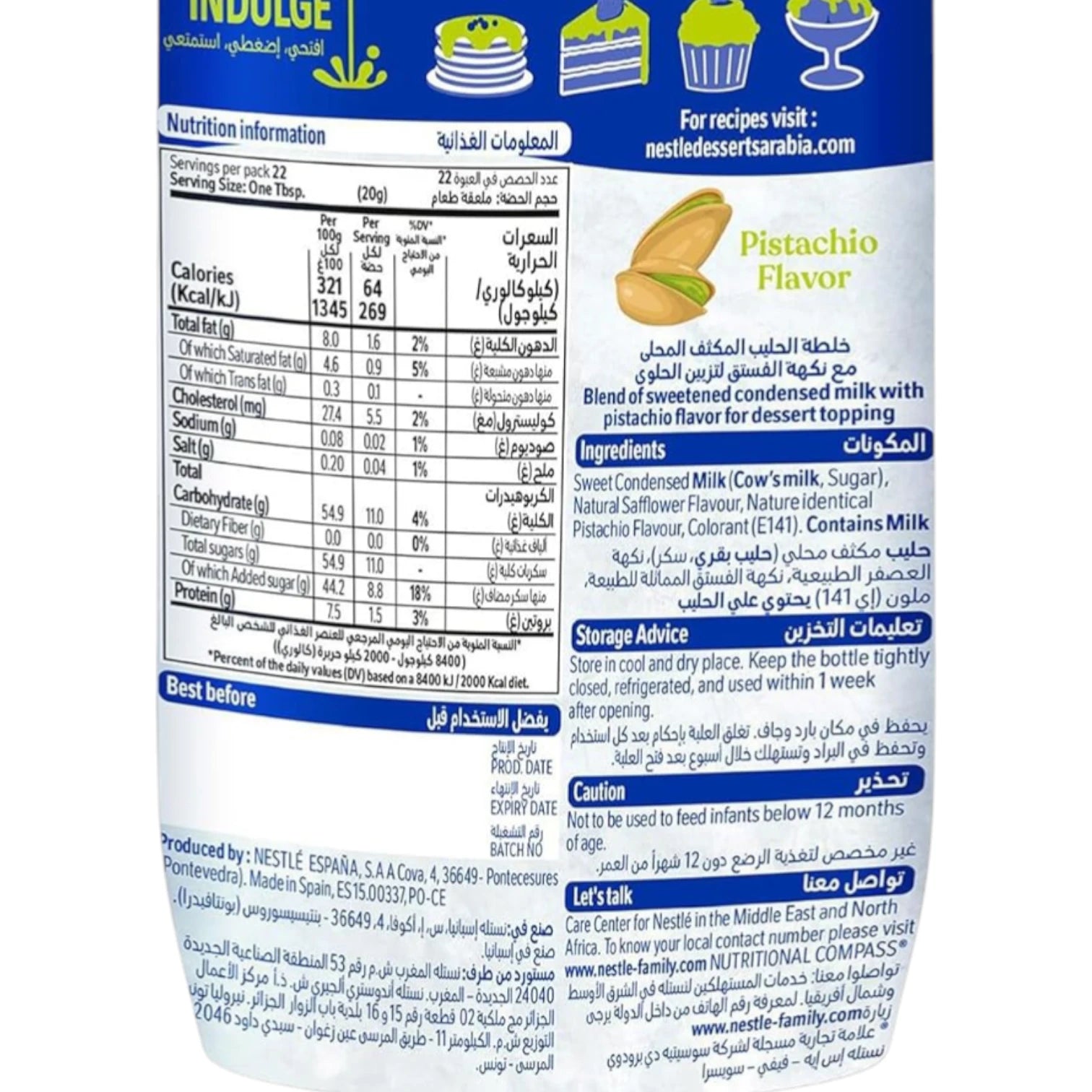 Nestlé Squeezy Pistachio Flavored Sweetened Condensed Milk Topping, 450g – Rich, Creamy & Easy-to-Use Dessert Delight - Damoo