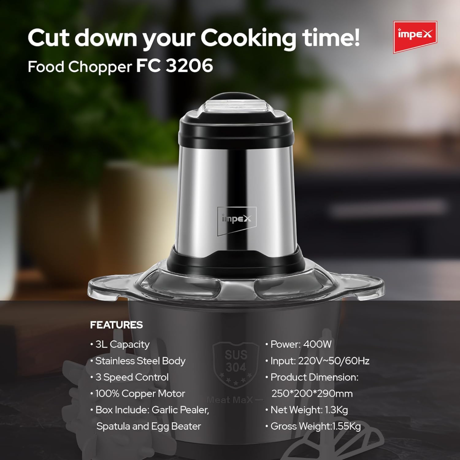 Impex FC 3206 Electric Food Chopper 3L | 400W Multi-Purpose Chopper with 6 Stainless Steel Blades | 3-Speed Adjustable Meat Grinder & Food Processor | Durable SUS 304 Steel Bowl