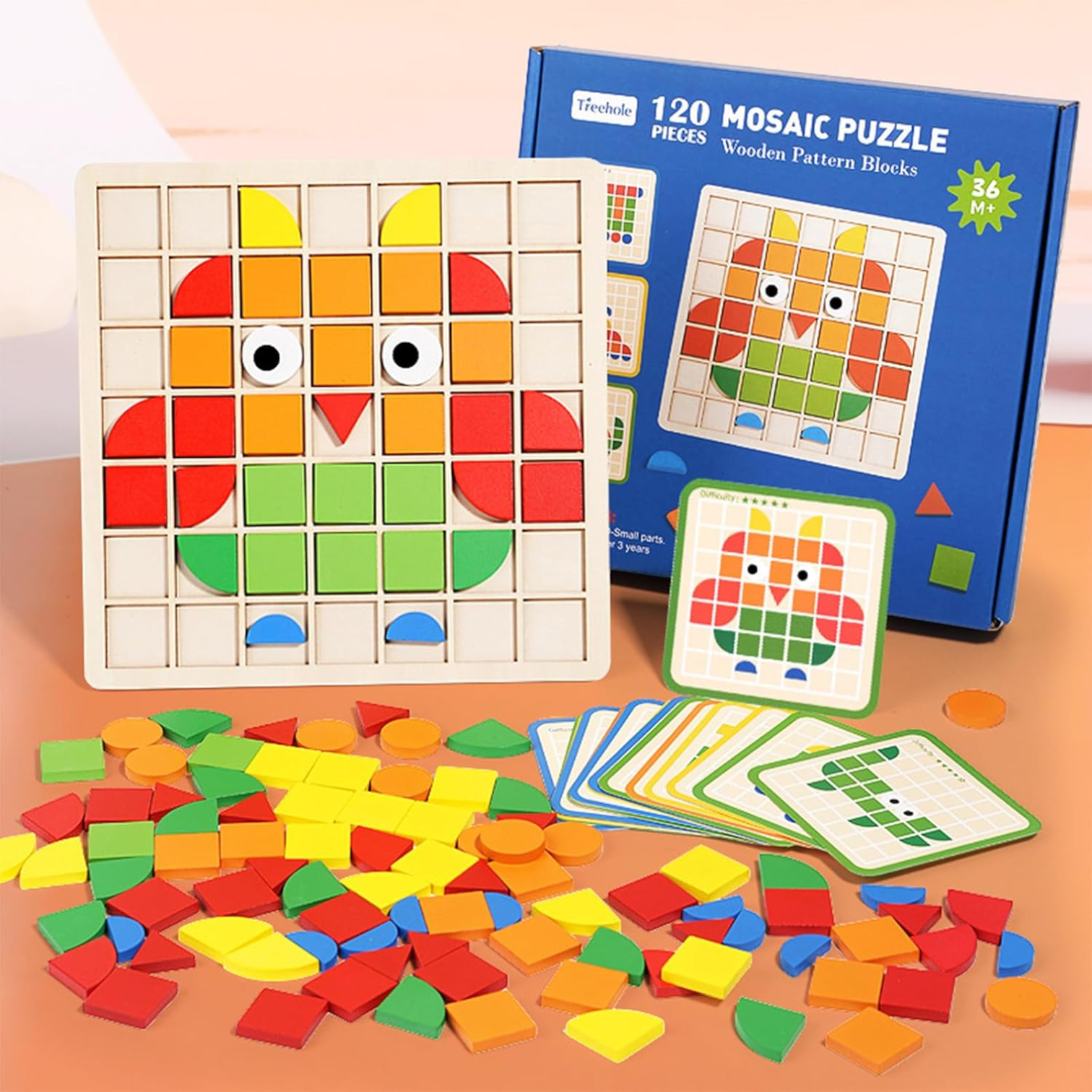 BMT 3D Mosaic Puzzle Wooden Building Blocks Toy – 120 Pcs Montessori Early Educational Set with Sticks, Rings, Pattern Cards & Storage Bag | Creative STEM Learning Toy for Kids Ages 3+ - Damoo
