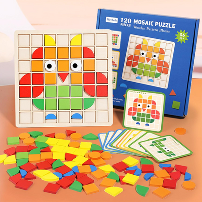 BMT 3D Mosaic Puzzle Wooden Building Blocks Toy – 120 Pcs Montessori Early Educational Set with Sticks, Rings, Pattern Cards & Storage Bag | Creative STEM Learning Toy for Kids Ages 3+ - Damoo