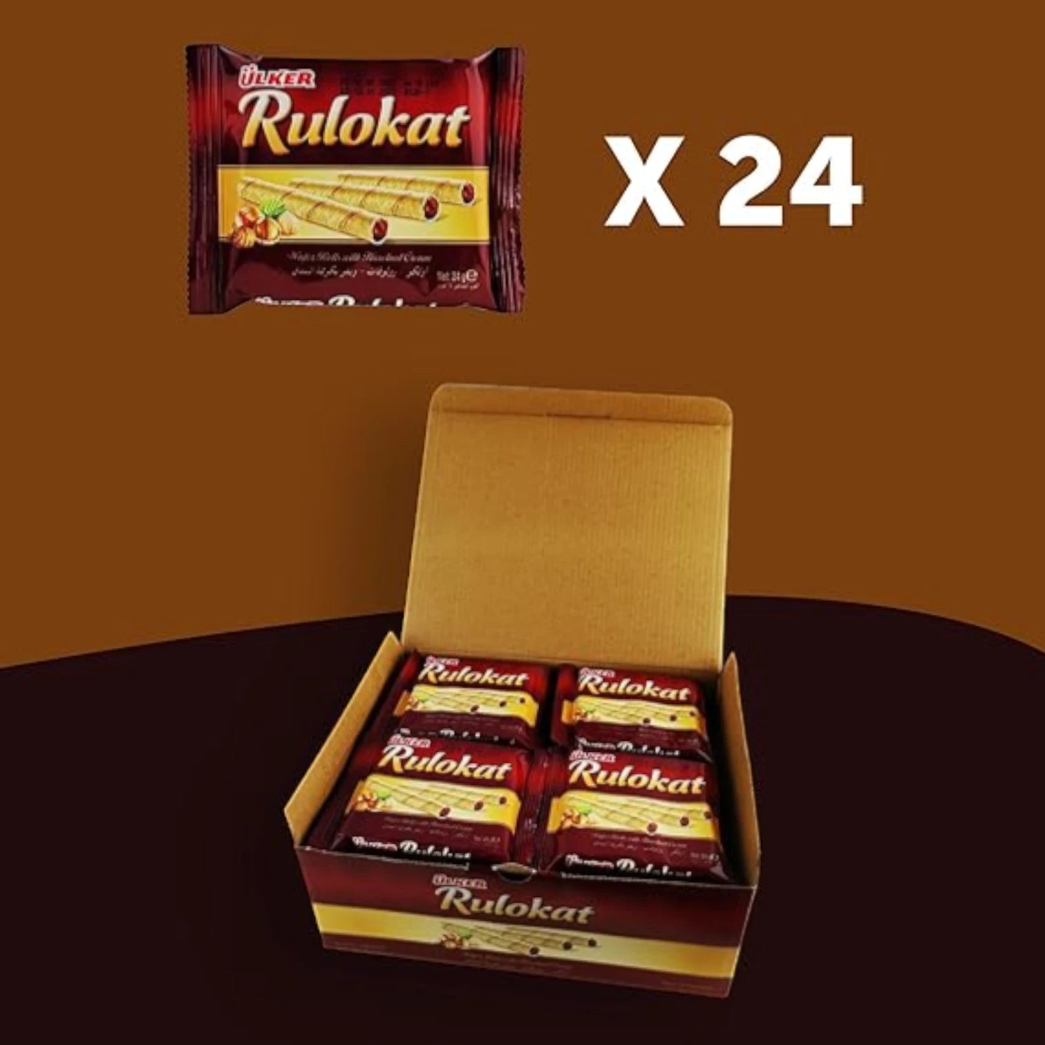 Ülker Rulokat Wafer Rolls with Hazelnut Cream – 24 x 24g Value Pack | Crispy Wafer Filled with Rich Hazelnut | Sweet Snack Treat | Great Value Offer with 15% Off - Damoo