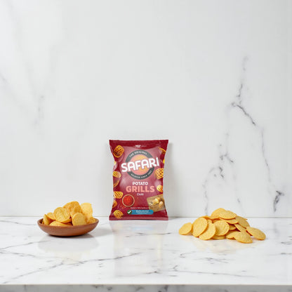 Safari Potato Grills – Chili Flavor, 24 × 15g Packs, Crunchy Vegetarian Snack Cooked in Sunflower Oil, MSG-Free & Non-GMO - Damoo