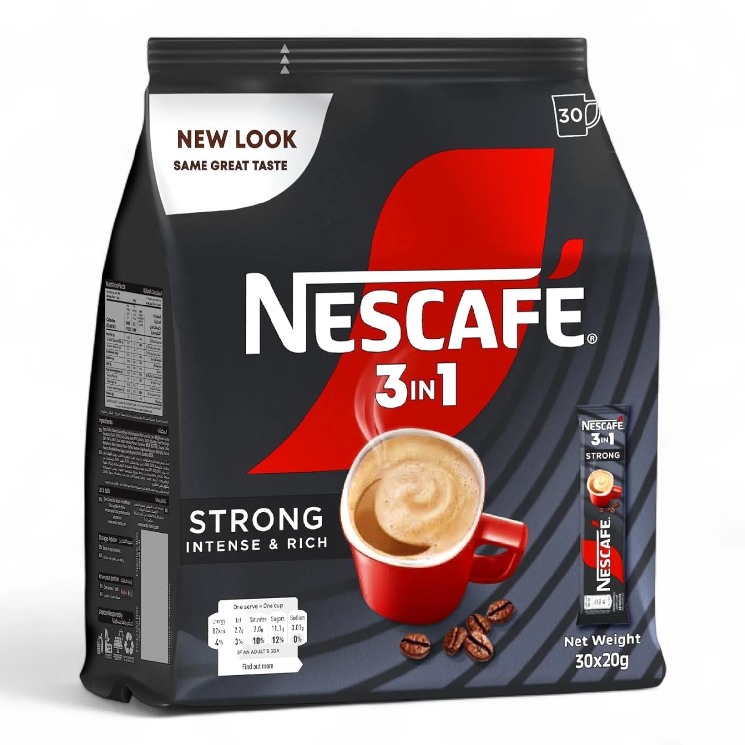 Nescafe 3-in-1 Strong Instant Coffee Mix – 30 Sachets | Intense & Rich Arabica Blend with Creamer & Sugar | Dark Roast - Damoo