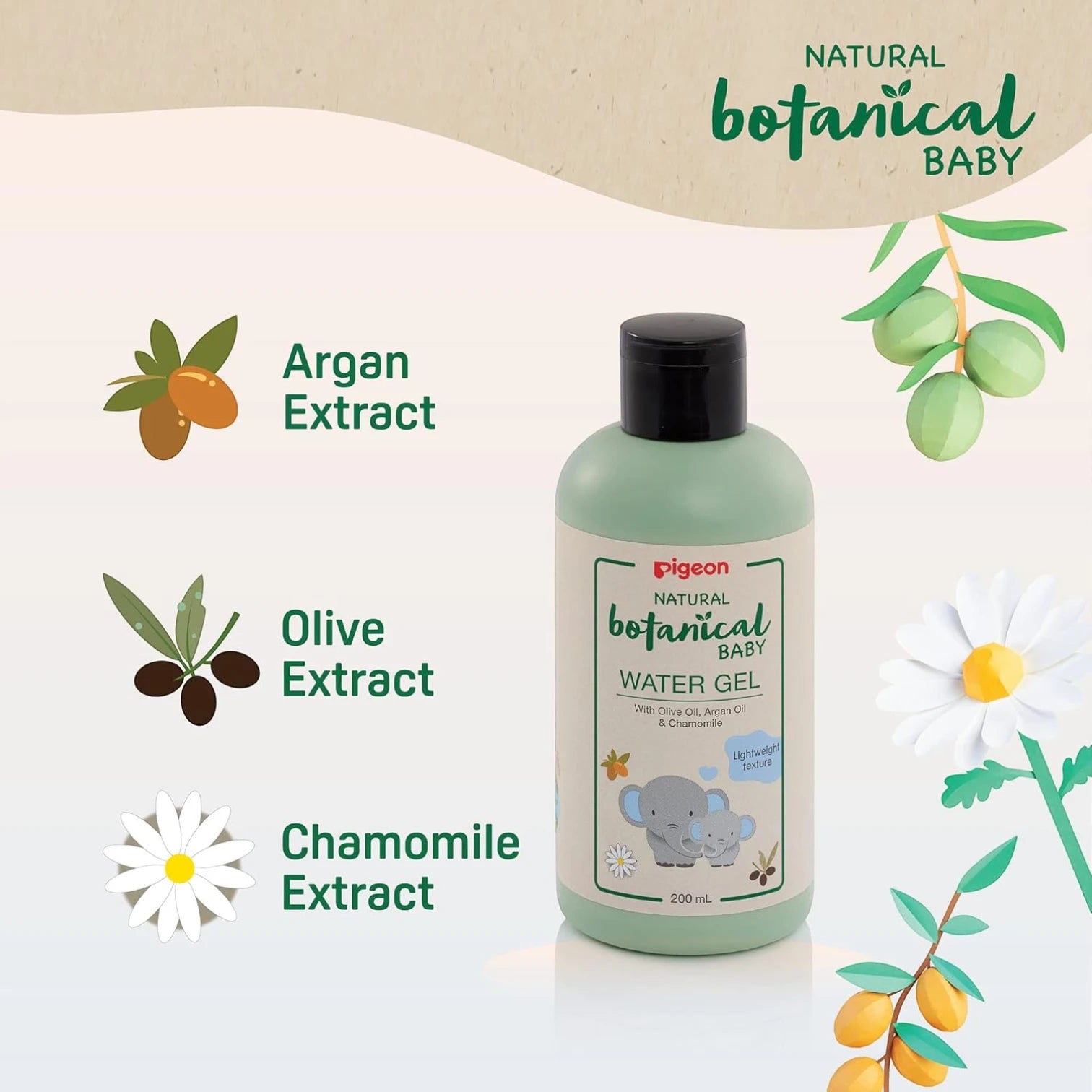 Pigeon Natural Botanical Baby Water Gel 200ml – Lightweight, Non-Greasy Gel with Olive Oil, Argan Oil & Chamomile | Alcohol-Free & Dermatologist-Tested - Damoo