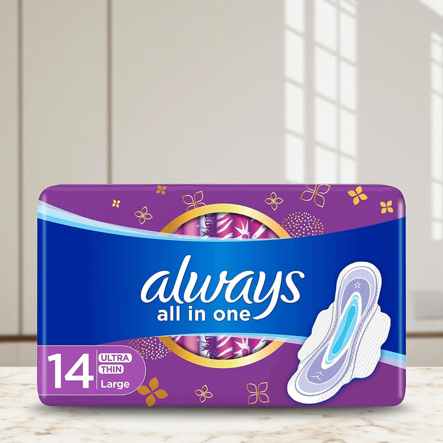 Always Ultra Thin Sanitary Pads All In One Large with Wings – 14 Count | Dry Top Sheet, Odour Neutralizer & Maximum Protection - Damoo