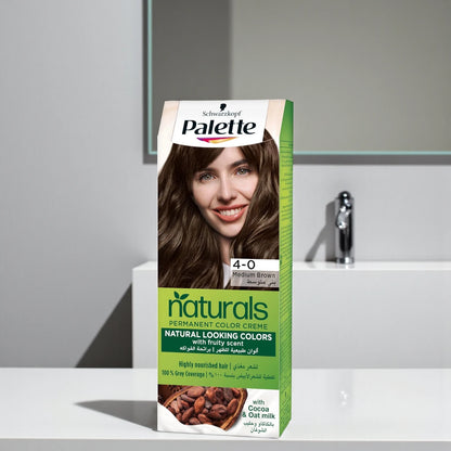 Palette Naturals 4-0 Medium Brown Hair Color – Long-Lasting Color with Cocoa & Oat Milk – 100% Grey Coverage, Fruity Scent – Nourishing & Natural-Looking Hair Dye – 50ml Tube + Developer Kit - Damoo