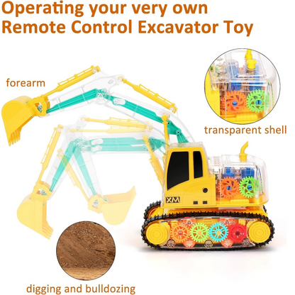 XIE MING Remote Control Excavator Toy for Kids +6| RC Construction Vehicle with Transparent Gear, Sound & Light Effects | Rechargeable Battery, 360° Rotation