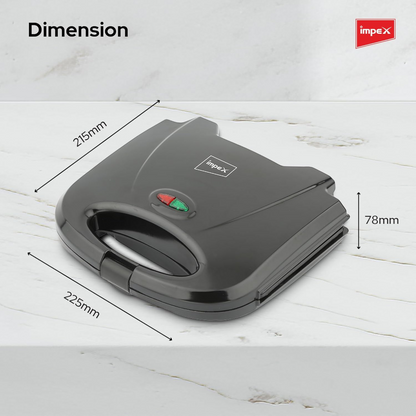 Impex SW 3601 Sandwich Maker | 2-Slice Grill | 750W Powerful Heating | Non-Stick Coated Plates | Indicator Light | Cool Touch Handle | Skid-Resistant Feet | Compact Breakfast Sandwich Toaster - Damoo