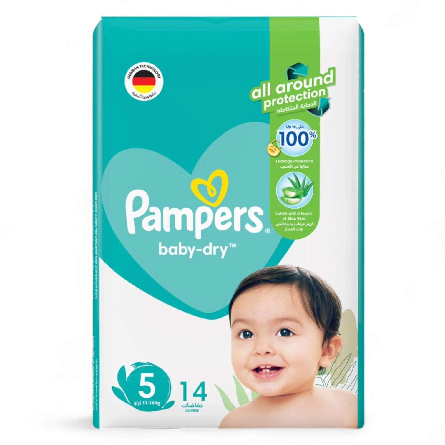Pampers Baby-Dry Taped Diapers with Aloe Vera Lotion – Size 5 (11–16kg) – 14 Count | 12-Hour Leakage Protection, Double Leak Guards, Rash-Free Comfort | German Technology - Damoo