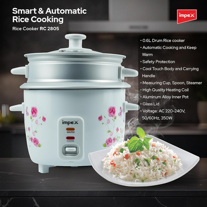 Impex RC 2805 Electric Rice Cooker 0.6L | 350W Compact Automatic Rice Cooker with Aluminum Inner Pot & Steamer Function | Easy Cooking & Keep Warm Feature