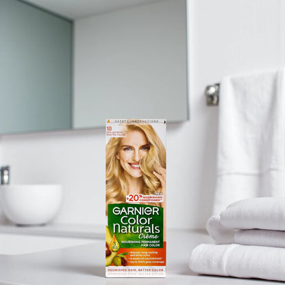 Garnier Color Naturals Crème Hair Color 10 Ultra Light Blonde – Nourishing Permanent Hair Color with 3 Oils, 100% Grey Coverage, Long-Lasting Shine - Damoo