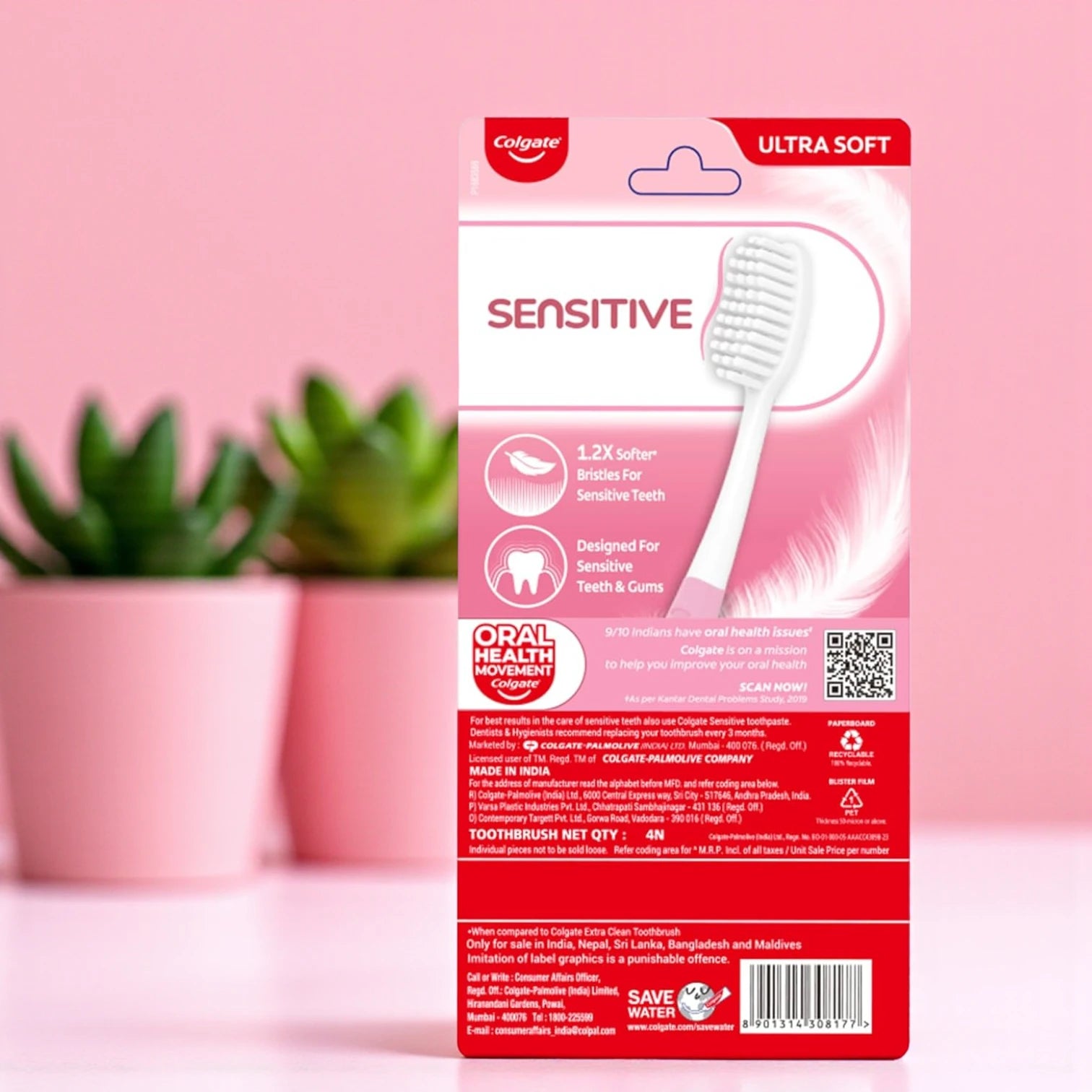 Colgate Sensitive Toothbrush – Pack of 4 | Ultra-Soft Bristles, Flexible Neck & Gentle Cleaning for Sensitive Teeth & Gums - Damoo