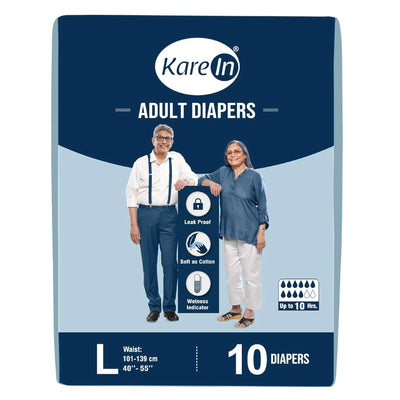 KareIn Premium Adult Diapers Large – 10 Count | Tape Style, Unisex | 12-Hour Protection, Leak-Proof, Wetness Indicator & Odour Control - Damoo