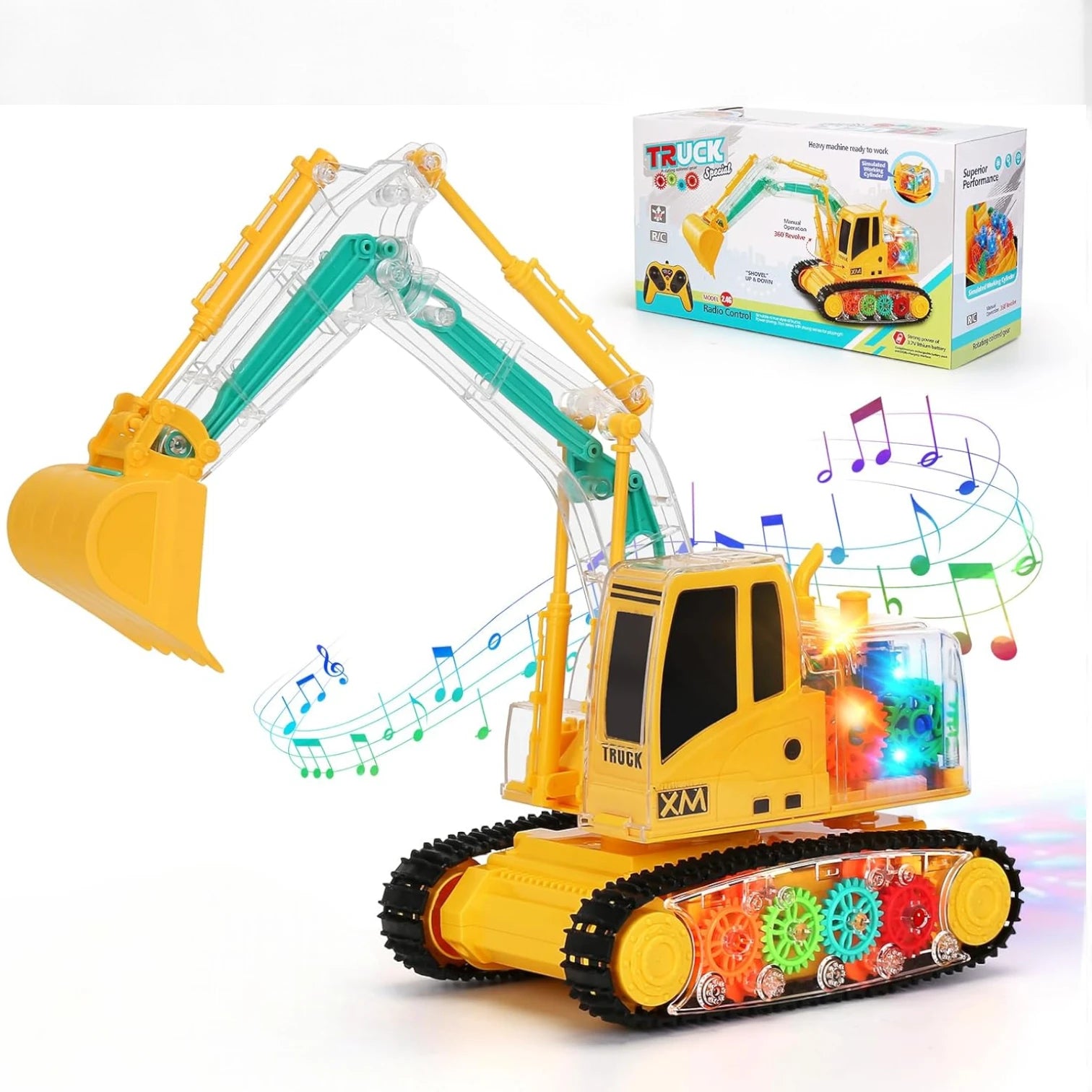 XIE MING Remote Control Excavator Toy for Kids +6| RC Construction Vehicle with Transparent Gear, Sound & Light Effects | Rechargeable Battery, 360° Rotation