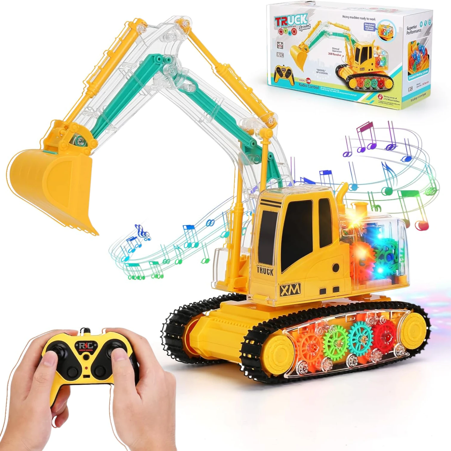 XIE MING Remote Control Excavator Toy for Kids +6| RC Construction Vehicle with Transparent Gear, Sound & Light Effects | Rechargeable Battery, 360° Rotation