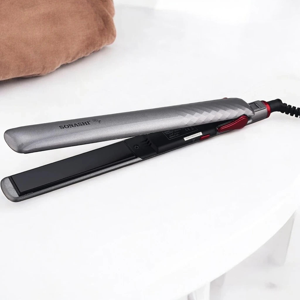 Sonashi Hair Straightener with Ceramic Coating Plates – LCD Display, Max Temperature 200°C, 360° Swivel Cord, Fast Heat-Up, Auto Shut-Off – Frizz-Free, Salon-Quality Styling – Silver, 35W - SHS-2024N - Damoo