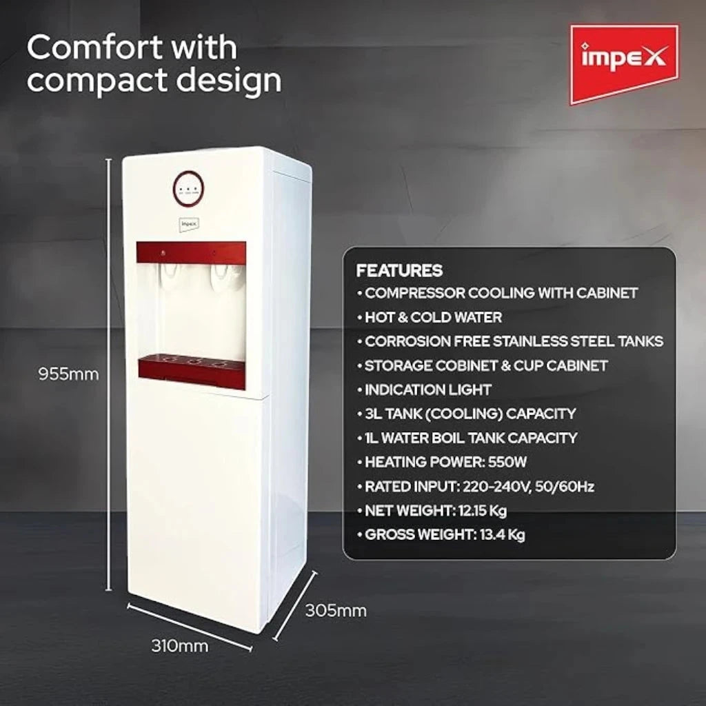 Impex Water Dispenser – 5L Heating & 3L Cooling Capacity | Stainless Steel Tank, Dual Taps, Storage Cabinet, 420W Cooling, 550W Heating,  WD 3902 - White - Damoo