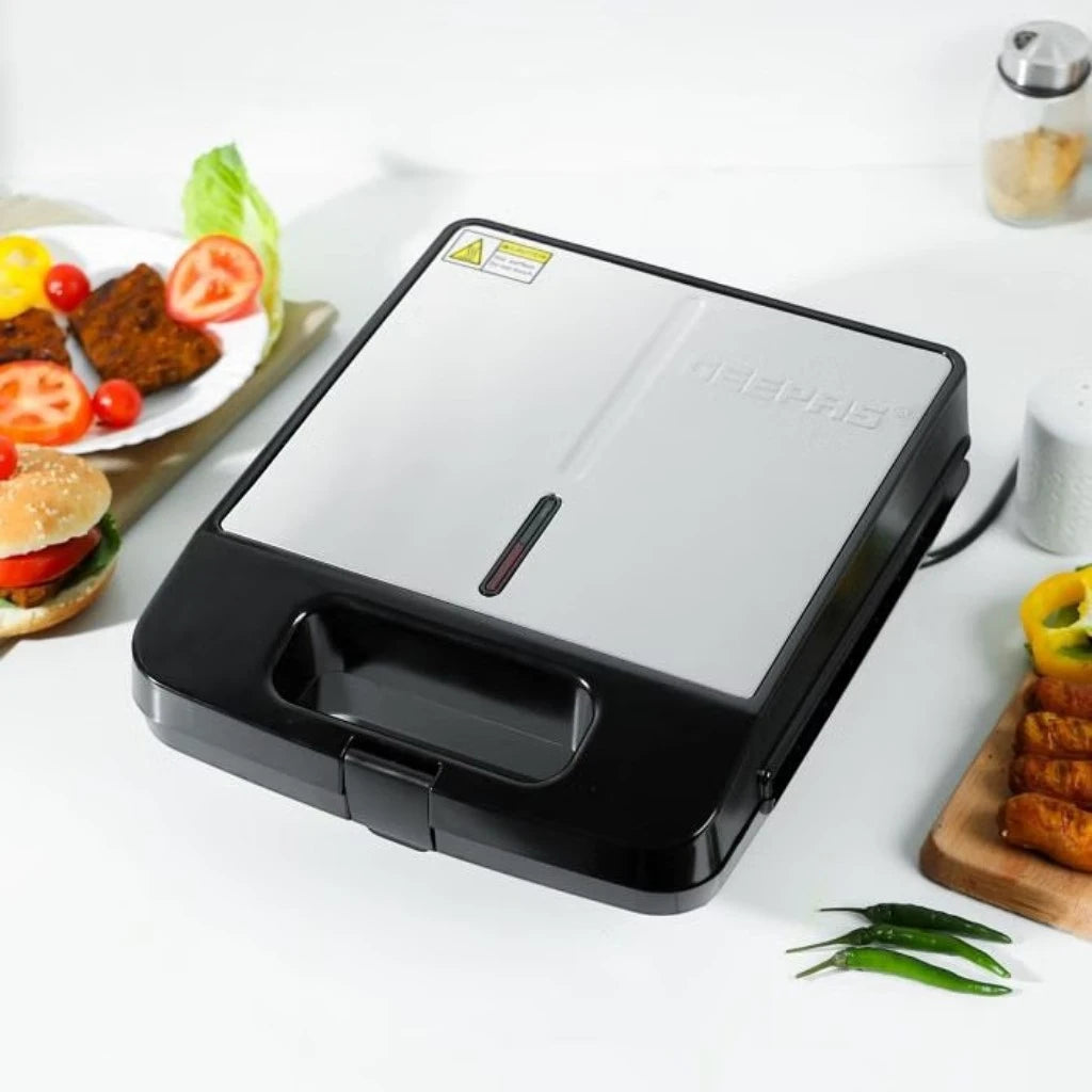 Geepas 4-Slice Electric Grill Maker GGT671 with Non-Stick Cooking Plates, 1400W , Cool Touch Handle, Power &amp; Ready Indicator, Thermostat Control &amp; Upright Storage – Stainless Steel Black Panini Press - Damoo