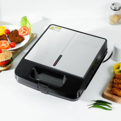 Geepas 4-Slice Electric Grill Maker GGT671 with Non-Stick Cooking Plates, 1400W , Cool Touch Handle, Power &amp; Ready Indicator, Thermostat Control &amp; Upright Storage – Stainless Steel Black Panini Press - Damoo