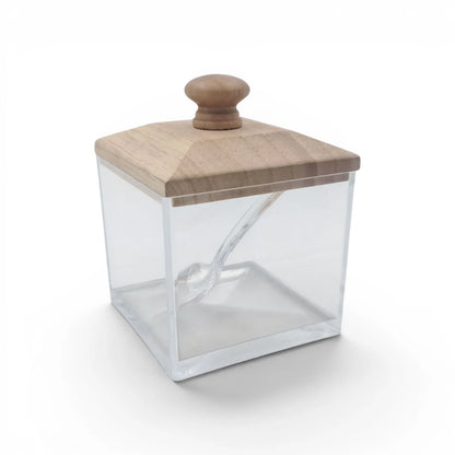 Acrylic Sugar Bowl with Wooden Lid & Spoon, Clear Kitchen Storage Container (11H x 9L x 9W CM), Multipurpose Condiment Jar - Damoo