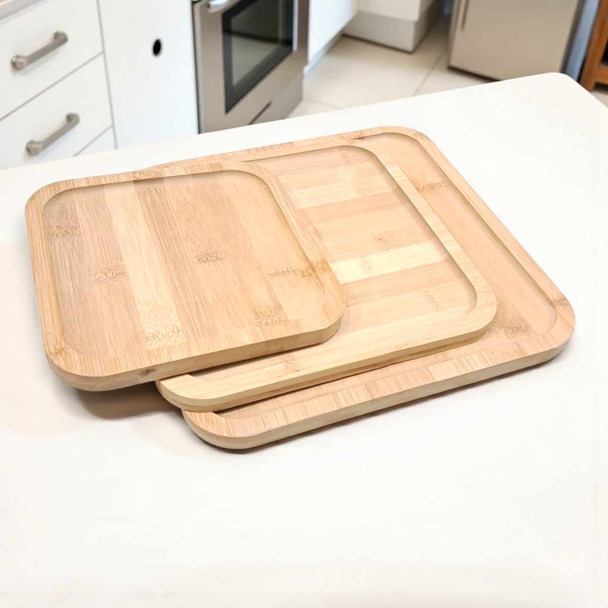 Premium Natural Bamboo Serving Tray Set – 3-Piece Square Wooden Platters for Coffee, Snacks & Home Décor - Damoo