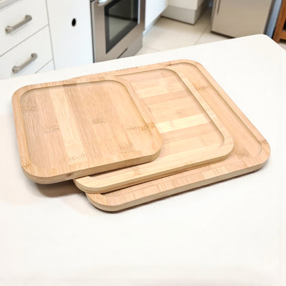 Premium Natural Bamboo Serving Tray Set – 3-Piece Square Wooden Platters for Coffee, Snacks & Home Décor - Damoo